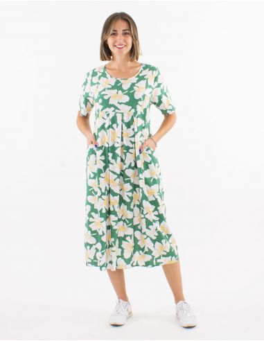 Vestido 70% viscosa 30% lino con bolsillos mangas cortas estampado amapola