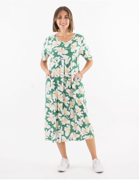 Vestido 70% viscosa 30% lino con bolsillos mangas cortas estampado amapola