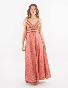 Vestido largo poliester espalda descubierta sari estampado dorado 2