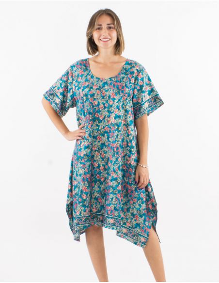 Vestido poliester mangas cortas sari estampado