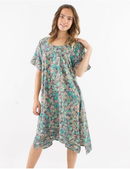 Vestido poliester mangas cortas sari estampado