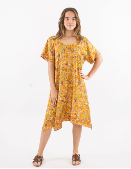 Vestido poliester mangas cortas sari estampado