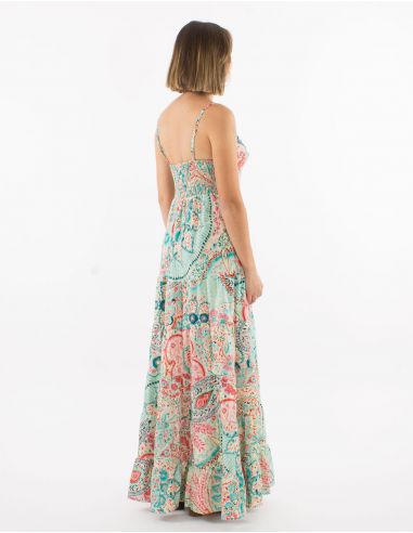 Vestido largo poliester tirantes sari estampado zaari bordado con hilo plateado