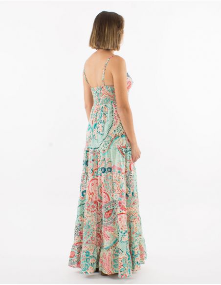 Vestido largo poliester tirantes sari estampado zaari bordado con hilo plateado