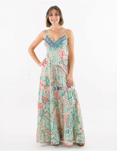 Vestido largo poliester tirantes sari estampado zaari bordado con hilo plateado