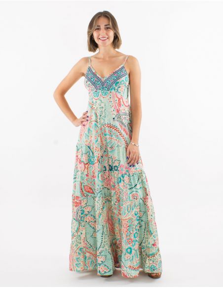 Vestido largo poliester tirantes sari estampado zaari bordado con hilo plateado