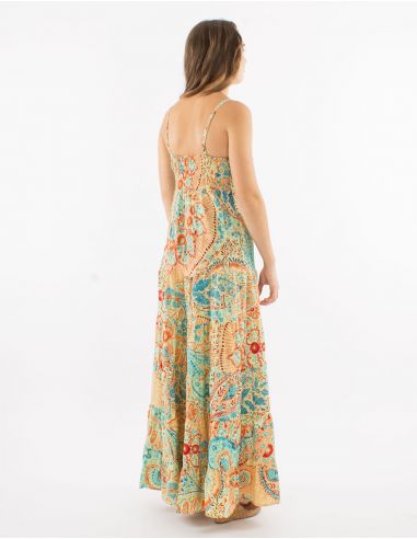 Vestido largo poliester tirantes sari estampado zaari bordado con hilo plateado