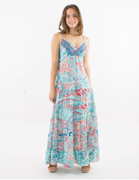 Vestido largo poliester tirantes sari estampado zaari bordado con hilo plateado