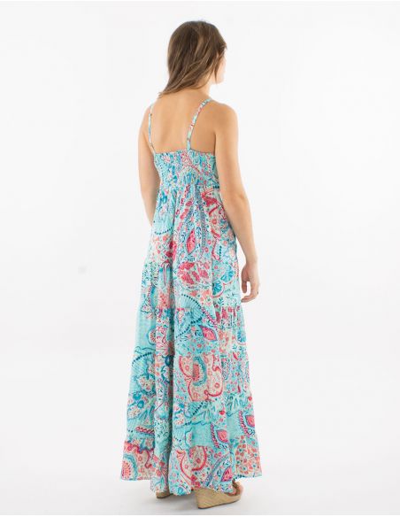 Vestido largo poliester tirantes sari estampado zaari bordado con hilo plateado