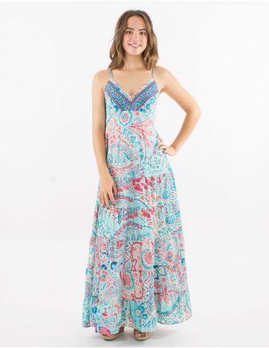 Vestido largo poliester tirantes sari estampado zaari bordado con hilo plateado