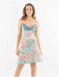 Vestido corto poliester tirantes sari estampado zaari bordado con hilo plateado 2