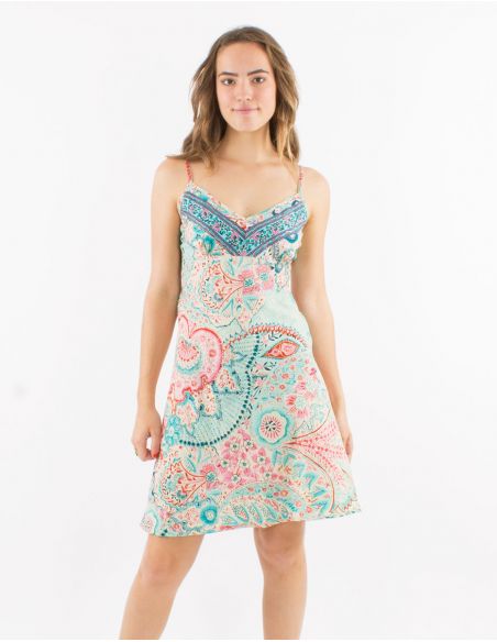 Vestido corto poliester tirantes sari estampado zaari bordado con hilo plateado