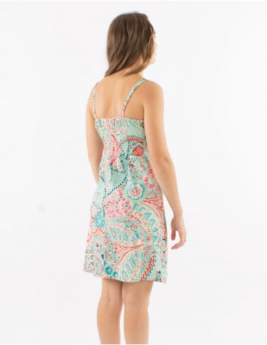 Vestido corto poliester tirantes sari estampado zaari bordado con hilo plateado