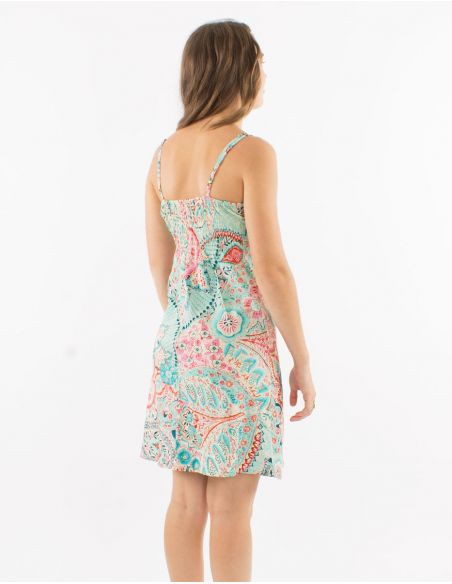 Vestido corto poliester tirantes sari estampado zaari bordado con hilo plateado