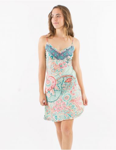 Vestido corto poliester tirantes sari estampado zaari bordado con hilo plateado