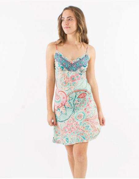 Vestido corto poliester tirantes sari estampado zaari bordado con hilo plateado