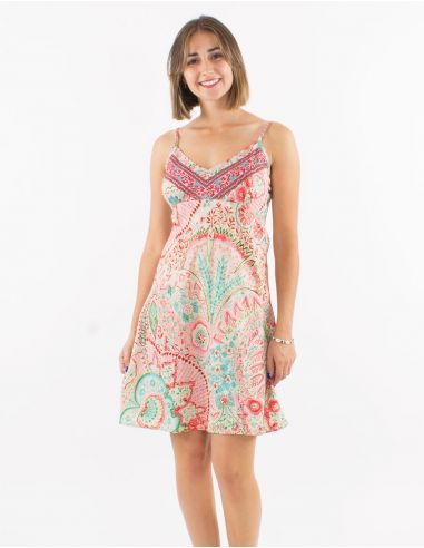 Vestido corto poliester tirantes sari estampado zaari bordado con hilo plateado