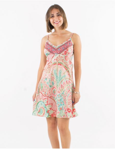 Vestido corto poliester tirantes sari estampado zaari bordado con hilo plateado