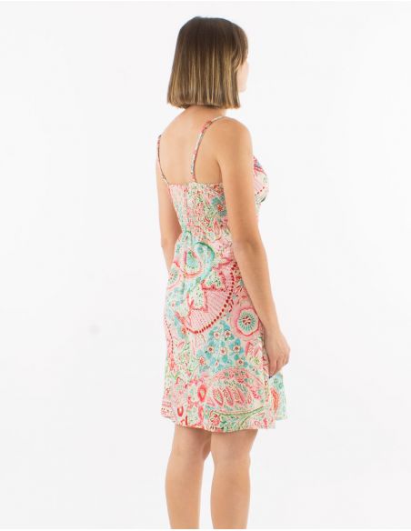 Vestido corto poliester tirantes sari estampado zaari bordado con hilo plateado