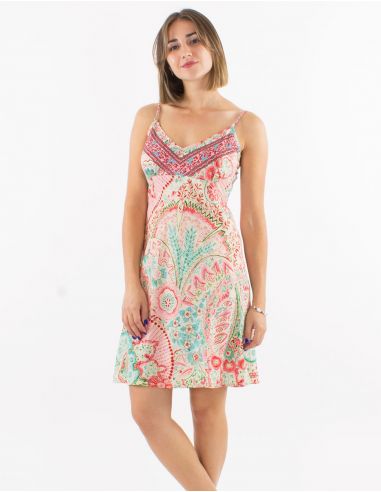 Vestido corto poliester tirantes sari estampado zaari bordado con hilo plateado