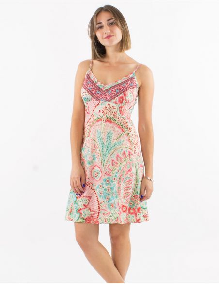 Vestido corto poliester tirantes sari estampado zaari bordado con hilo plateado