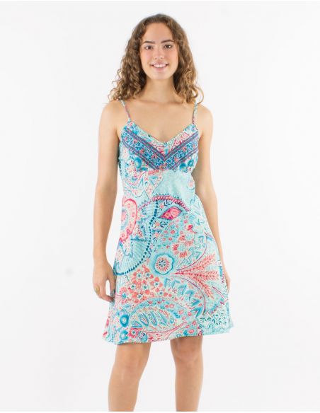 Vestido corto poliester tirantes sari estampado zaari bordado con hilo plateado