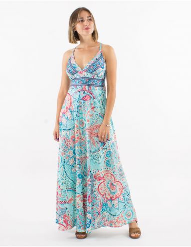 Vestido largo poliester espalda descubierta sari estampado zaari bordado con hilo plateado