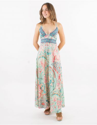 Vestido largo poliester espalda descubierta sari estampado zaari bordado con hilo plateado