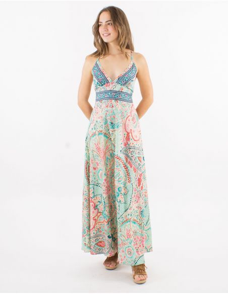 Vestido largo poliester espalda descubierta sari estampado zaari bordado con hilo plateado