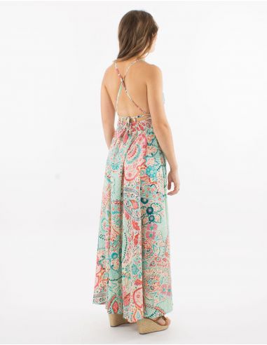 Vestido largo poliester espalda descubierta sari estampado zaari bordado con hilo plateado