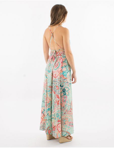 Vestido largo poliester espalda descubierta sari estampado zaari bordado con hilo plateado