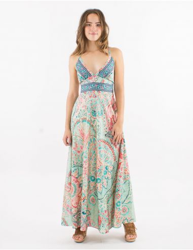 Vestido largo poliester espalda descubierta sari estampado zaari bordado con hilo plateado