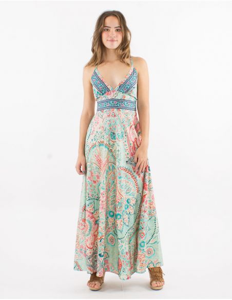 Vestido largo poliester espalda descubierta sari estampado zaari bordado con hilo plateado