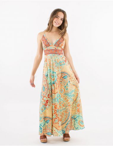 Vestido largo poliester espalda descubierta sari estampado zaari bordado con hilo plateado