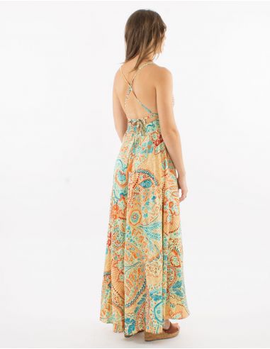 Vestido largo poliester espalda descubierta sari estampado zaari bordado con hilo plateado