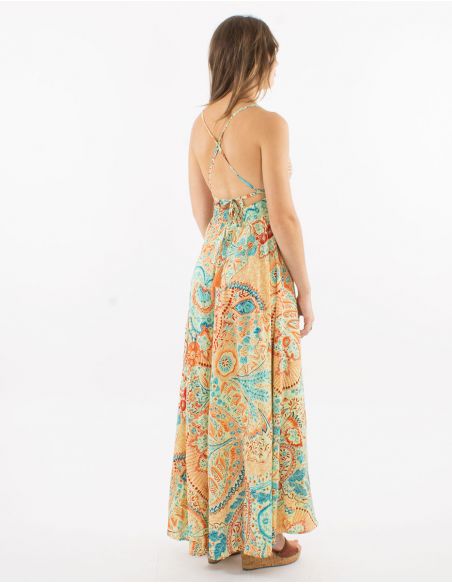 Vestido largo poliester espalda descubierta sari estampado zaari bordado con hilo plateado