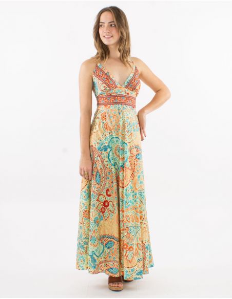 Vestido largo poliester espalda descubierta sari estampado zaari bordado con hilo plateado