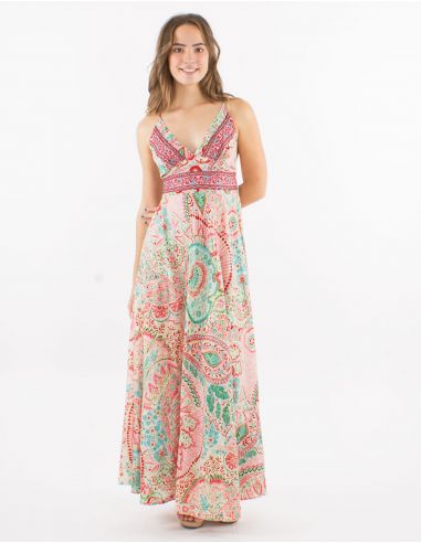 Vestido largo poliester espalda descubierta sari estampado zaari bordado con hilo plateado