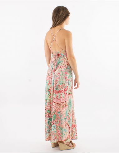 Vestido largo poliester espalda descubierta sari estampado zaari bordado con hilo plateado