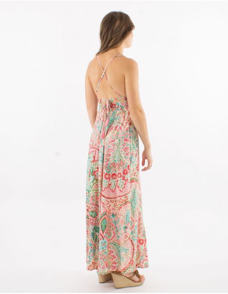 Vestido largo poliester espalda descubierta sari estampado zaari bordado con hilo plateado