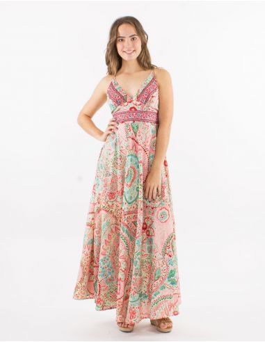 Vestido largo poliester espalda descubierta sari estampado zaari bordado con hilo plateado