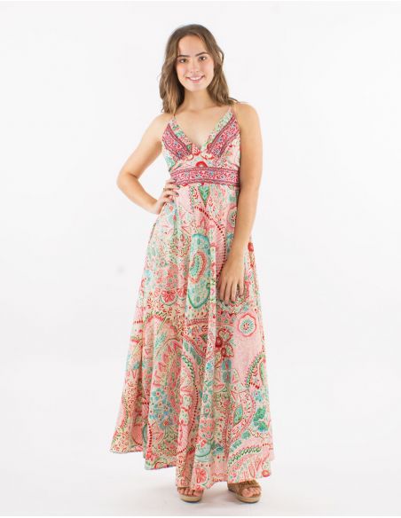 Vestido largo poliester espalda descubierta sari estampado zaari bordado con hilo plateado