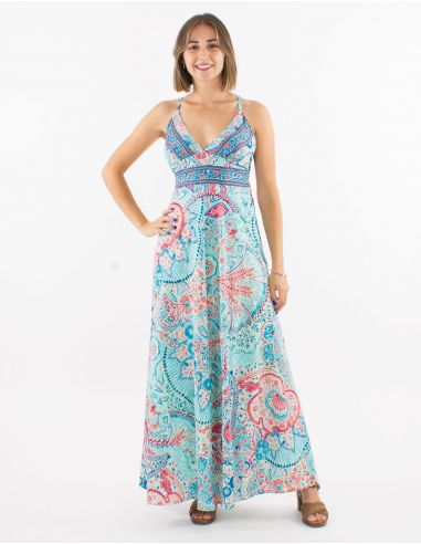 Vestido largo poliester espalda descubierta sari estampado zaari bordado con hilo plateado