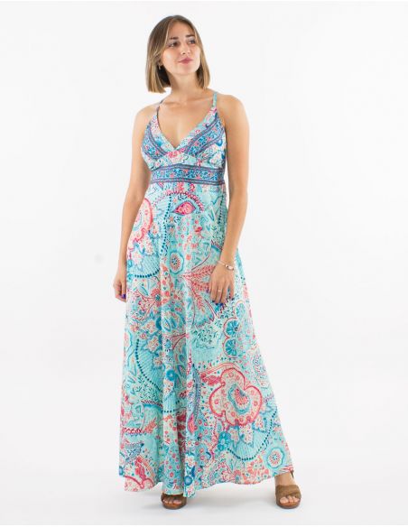 Vestido largo poliester espalda descubierta sari estampado zaari bordado con hilo plateado