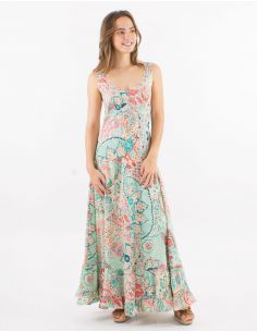 Vestido largo poliester tirantes anchos sari estampado zaari bordado con hilo plateado 2