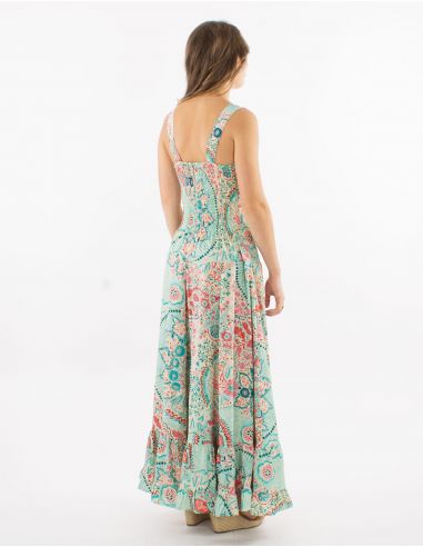 Vestido largo poliester tirantes anchos sari estampado zaari bordado con hilo plateado