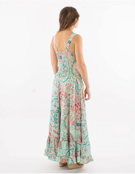 Vestido largo poliester tirantes anchos sari estampado zaari bordado con hilo plateado