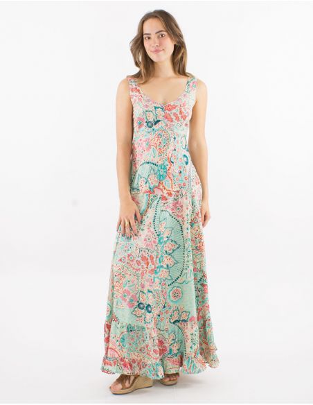 Vestido largo poliester tirantes anchos sari estampado zaari bordado con hilo plateado