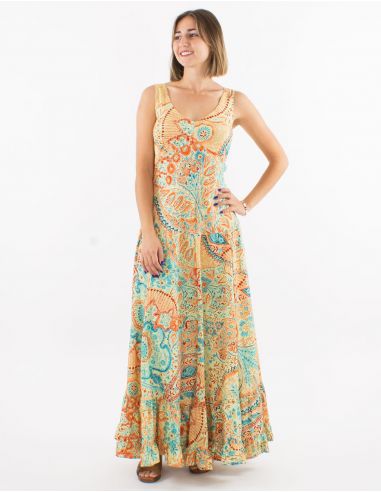 Vestido largo poliester tirantes anchos sari estampado zaari bordado con hilo plateado