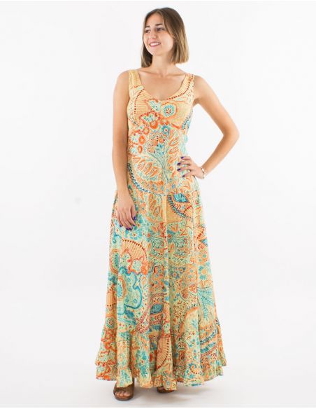 Vestido largo poliester tirantes anchos sari estampado zaari bordado con hilo plateado